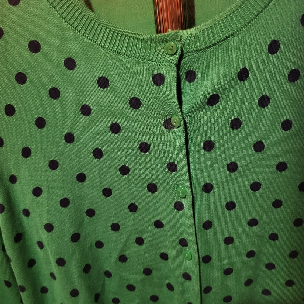 Ellen Tracy Kelly Green & Navy Polka Dot Cardigan Sweater Size Large - Picture 5 of 5